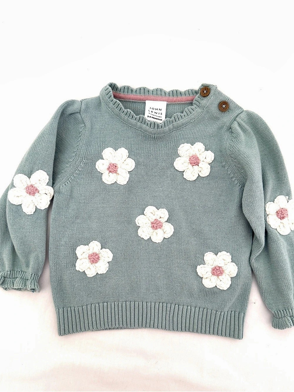 John Lewis Baby Floral Sweater Green & Pink 3-6 Months Like New